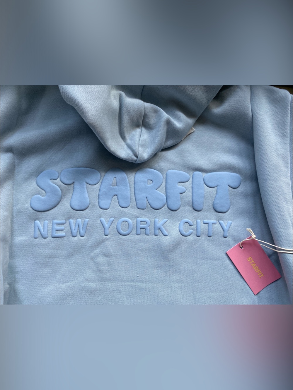 STARFIT NWT Women's Light Blue 'New York City' Puff Print Embossed Hoodie